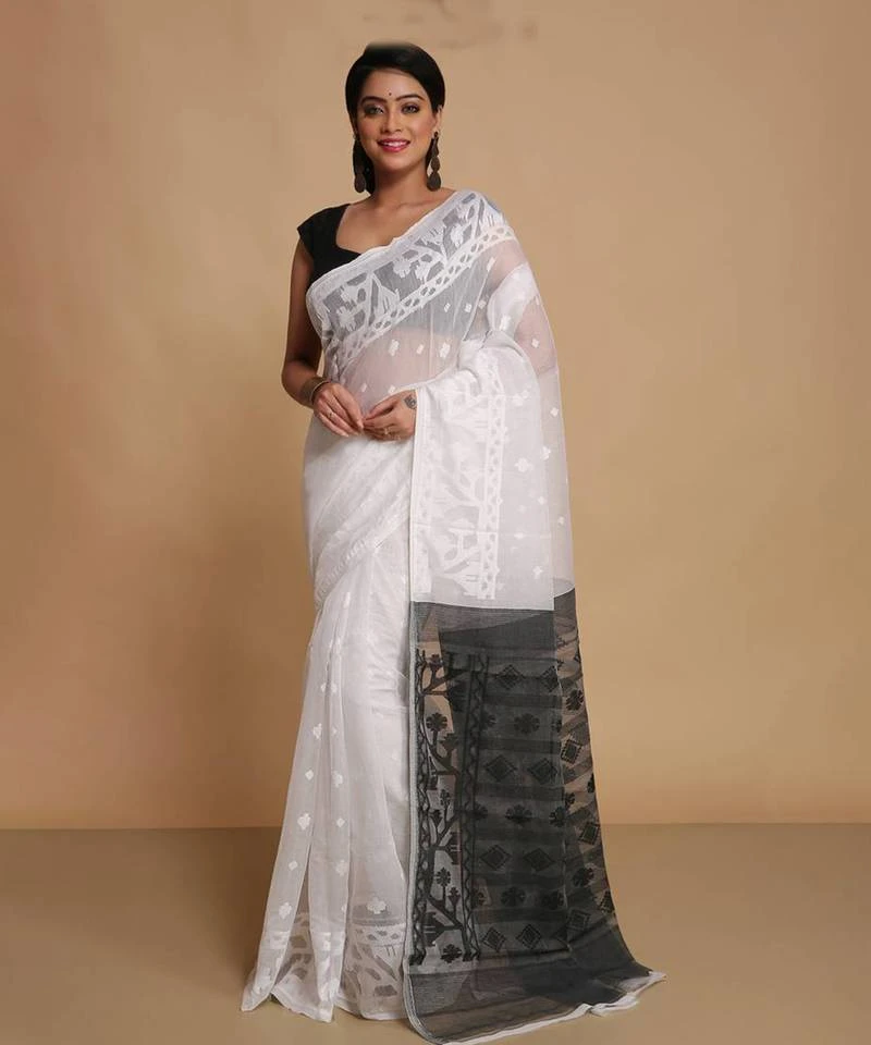 Women's cotton silk dhakai exclusive softs dual color jamdani sarees (white black) without blouse
