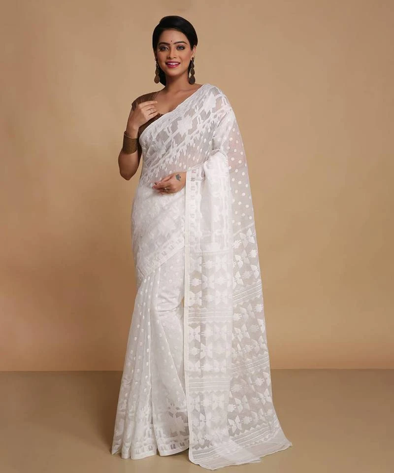 Women's cotton silk dhakai softs vojadi dhakai jamdani sarees (wite white) without blouse
